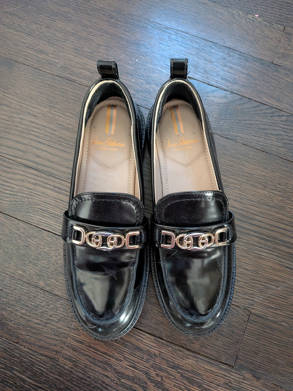Sam Edelman Black Patent Loafers with Gold Chain Accent
